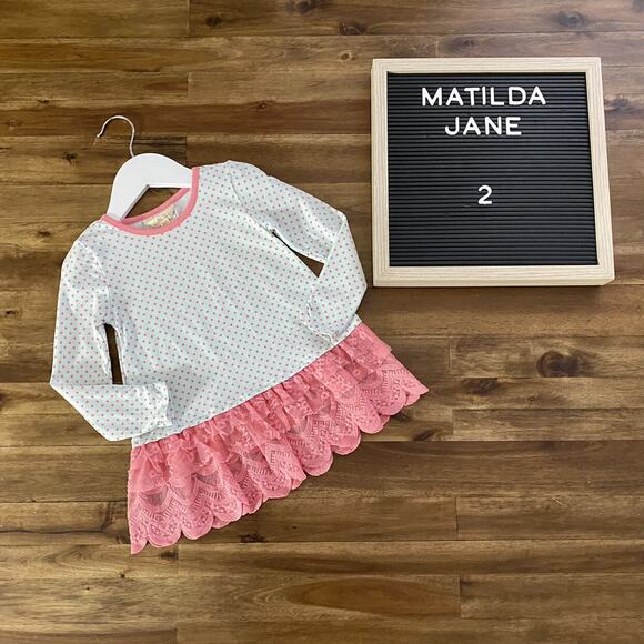 Matilda Jane The Adventure Begins Jump Rope Tunic Green Pink Polka Dot Knit Top - Picture 1 of 9